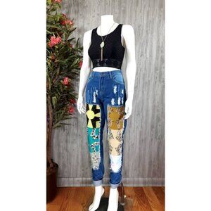 Size M Handmade Vintage Quilted Patchwork Jean Distress Festival Bohemian Custom